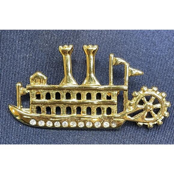 Unknown Jewelry - NWOT Gold Toned Steamboat Brooch Lapel Pin Clear Crystal Rhinestone